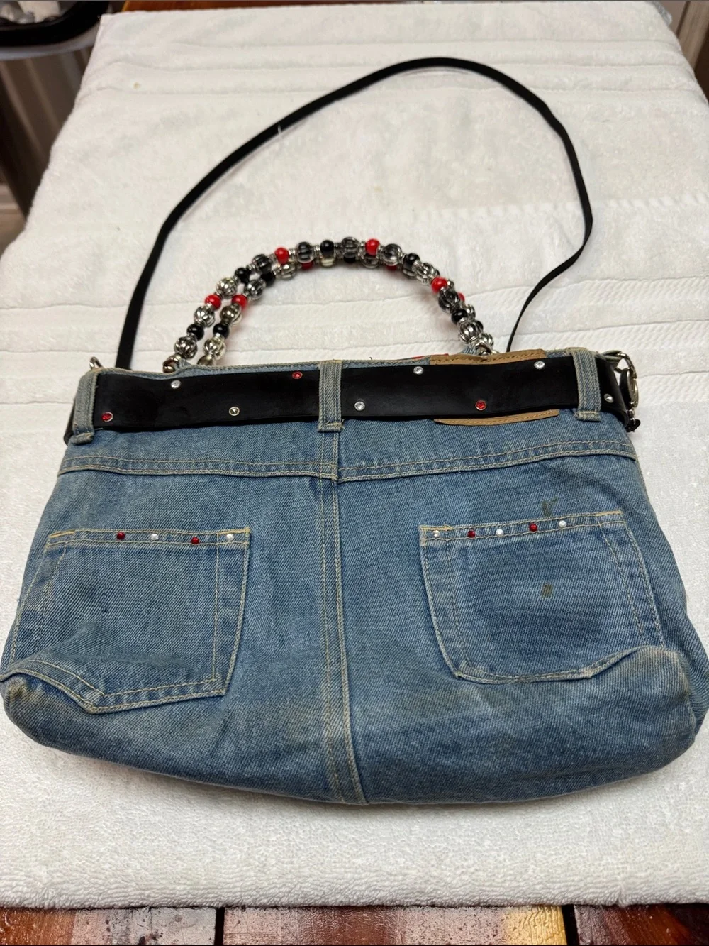 Vintage Rustic Faded Denim Ladybug Shoulder Bag with Beaded Strap. Rare to Find - Picture 6 of 9